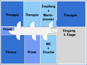 Karte der Praxis. Es gibt zwei Therapier&auml;ume, ein Fitness, ein B&uuml;ro, ein WC und Dusche und ein Empfang und Wartezimmer. Der Eingang ist in der 3. Etage.